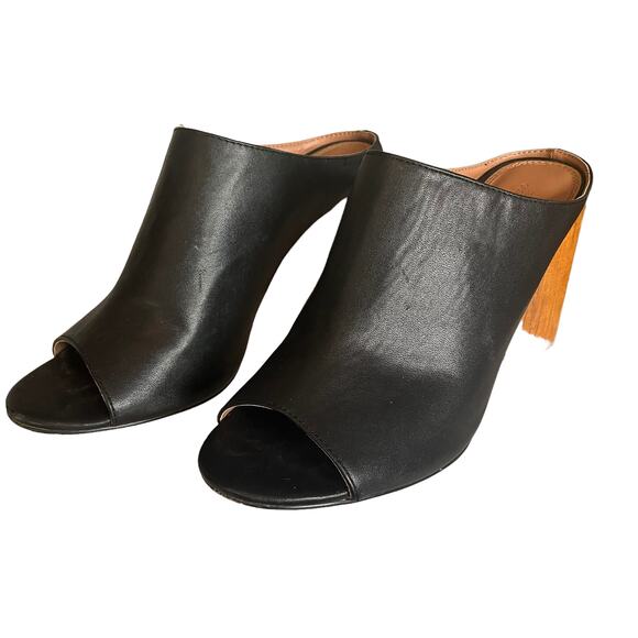 Urban Outfitters Black Open Toe Wooden Chunky Slide Sandals Heels Size 9 - Picture 1 of 11